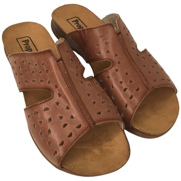 Propet Fionna Leather Cork Laser Cut Slides Sandal Womens Brown 7 - Picture 2 of 14